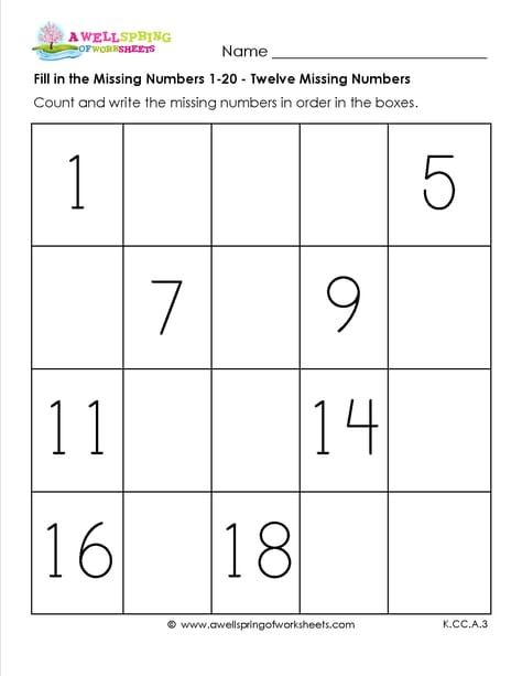 Fill in the Missing Number 1-20 -These six worksheets are great for helping kids count and write their numbers from 1-20. The number of blank spaces varies from 6 to 10 to all 20 numbers missing. Useful as an assessment tool, too! Math Worksheets For Kindergarten, Number Worksheets Kindergarten, Counting Practice, Numbers Worksheet, Numbers Kindergarten, Worksheets For Kindergarten, Missing Numbers, Numbers Preschool, Fill In The Blank