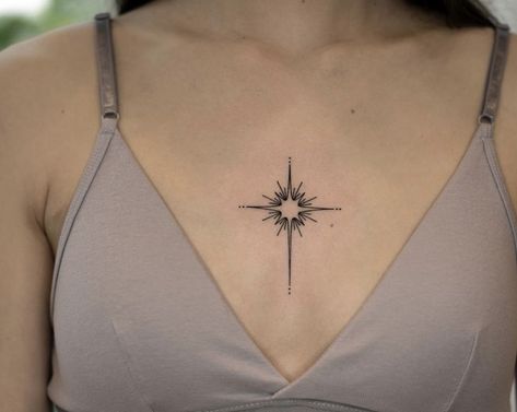 Star Chest Tattoo, Sara Tattoo, 4 Point Star, Small Chest Tattoos, On Tattoo, Throat Tattoo, Chest Tattoos, Chest Tattoos For Women, Star Tattoo