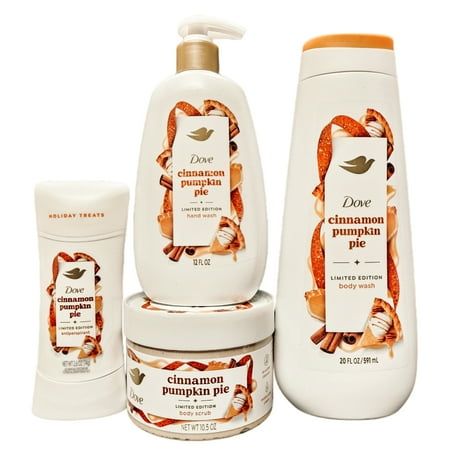 Dove Cinnamon Pumpkin Pie Holiday Treats Limited Edition, Women's Antiperspirant Deodorant 2.6 oz, Hand Wash 12 oz, Body Scrub 10.5 oz & Body Wash 20 oz Dove Holiday Treats Women's Antiperspirant Deodorant Stick Cinnamon Pumpkin Pie, 2.6 oz. Close your eyes and imagine the scent of your favorite freshly baked Fall dessert. Deck the sink with Dove Cinnamon Pumpkin Pie Liquid Hand Wash, a Limited Edition Holiday Treat that promises to indulge your every senses and elevate your hand wash experience Dove Cinnamon Pumpkin Pie, Christmas Body Wash, Affordable Hygiene Products, Cinnamon Body Scrub, Fall Body Care, Shower Stuff, Body Wash Combo, Body Care Products, Walmart Beauty Products