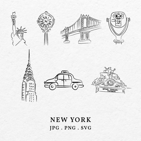 New York City Doodles, Nyc Flash Tattoo, New York Icons Aesthetic, New York Sketches, New York Stamp Tattoo, New York City Tattoo Ideas, New York Doodles, Nyc Doodles, New York Symbols