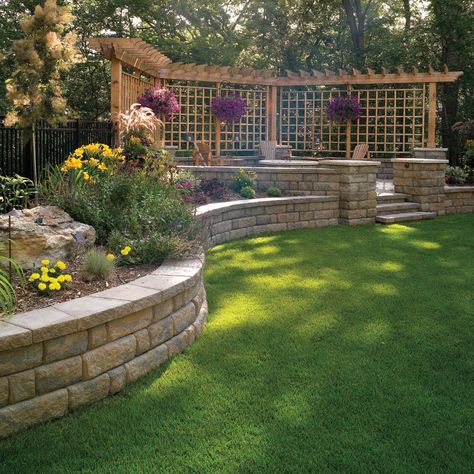 Diy Retaining Wall, Backyard Retaining Walls, Retaining Wall Design, Concrete Retaining Walls, Sloped Yard, Raised Flower Beds, Sloped Backyard, Stone Retaining Wall, Real Estat