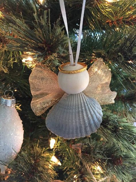 Seashell Tree Ornaments, Shell Angel Ornaments Diy, Angel Shell Ornaments, Shell Angels Ornament, Seashell Angel Ornaments, She’ll Ornaments, Oyster Shell Angels, Scallop Shell Crafts, Sea Shell Christmas Ornament