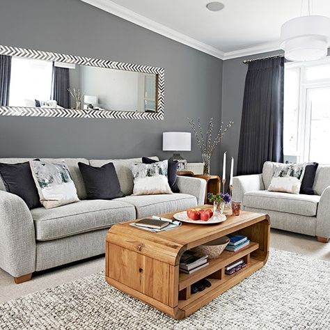 A dynamic mirror as wide as your sofa will add so much depth and reflected light to a chic grey living room. Livng Room, Flat Furniture, Grey Walls Living Room, Grey Living Room, Grey Sofa, Casa Country, Living Room Color Schemes, Trendy Living Rooms, Room Color Schemes