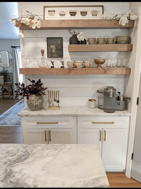 Cabinets With Open Shelving, Bloxburg Decor, Dining Room Cabinets, Moody Living Room, Coin Café, Home Bar Cabinet, Coffee Bar Design, Dining Room Cabinet, Floating Shelves Kitchen