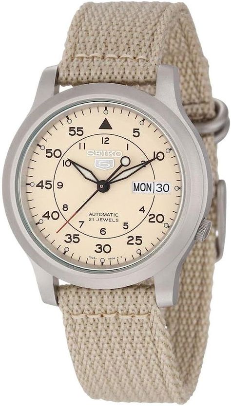 Amazon.com: Men's SNK803 SEIKO 5 Automatic Watch with Beige Canvas Strap : Seiko: Clothing, Shoes & Jewelry Seiko 5 Military, Cheap Watches For Men, Seiko 5 Automatic, Seiko Automatic, Seiko Men, Skeleton Watches, Affordable Watches, Seiko 5, Automatic Watches For Men