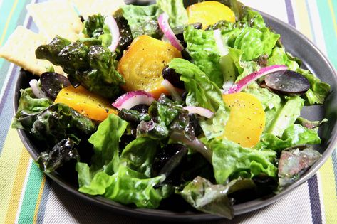 Red Leaf Lettuce Salad with Golden Beets and Grapes Red Leaf Lettuce Salad, Golden Beet Salad, Golden Beets Salad, Roasted Golden Beets, Green Leaf Lettuce, Salad With Grapes, Red Leaf Lettuce, Leaf Lettuce, Golden Beets