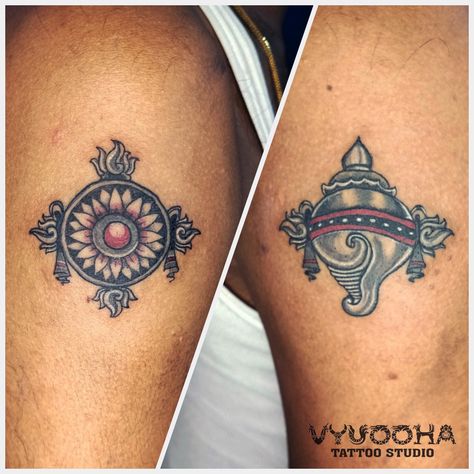 Shank Chakra Design, Vishnu Chakra Tattoo, Shankh Tattoo Design, Shank Tattoo, Vishnu Tattoo Design, Lord Vishnu Tattoo, Balaji Tattoo, Kerala Tattoo, Vishnu Tattoo