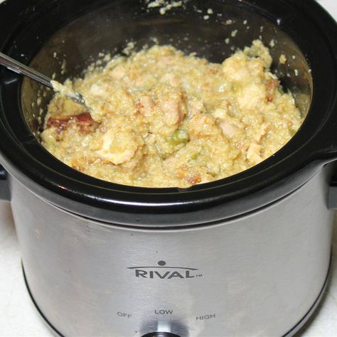 Slow Cooker Chicken and Dressing Recipe - Allrecipes.com Slow Cooker Chicken And Dressing, Crockpot Chicken And Dressing, Stovetop Stuffing, Chicken And Dressing, Chicken Croquettes, Cornbread Dressing, Chicken Main Dishes, Frozen Veggies, Frozen Chicken