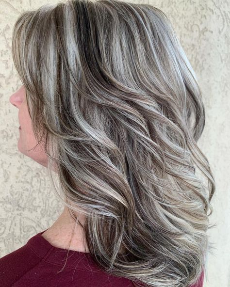 Gray Blending with Dark Brown Lowlights Lavender Grey Hair, Brown Lowlights, Grey Brown Hair, Gray Blending, Sleek Bob Hairstyles, Gray Balayage, Light Brunette, Grey Highlights, Silver Highlights