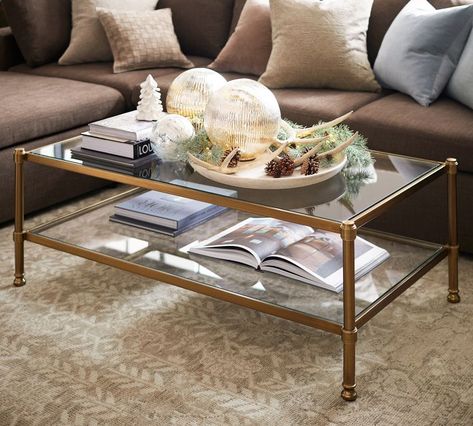 Gold Glass Living Room Table, Glass Rectangular Coffee Table, Glass Coffee Table Decor Living Room, Brass Coffee Table Living Room, Glass Coffee Table Styling, Gold Glass Coffee Table, Glass Coffee Table Decor, Coffee Table Glass Top, Brass And Glass Coffee Table