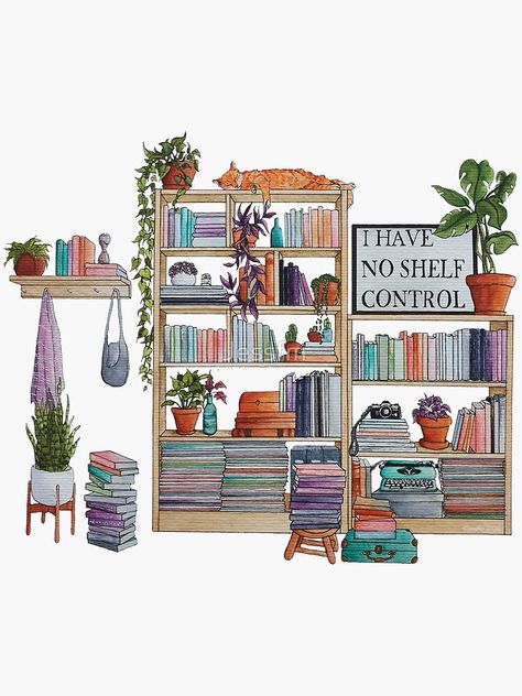 "Watercolor bookshelf I have no shelf control" Sticker by Jessfm | Redbubble Bookshelves Drawing, Watercolor Bookshelf, Bookshelf Artwork, Library Drawing, No Shelf Control, Painted Bookshelves, Bookshelf Art, Watercolor Books, Art Painting Gallery