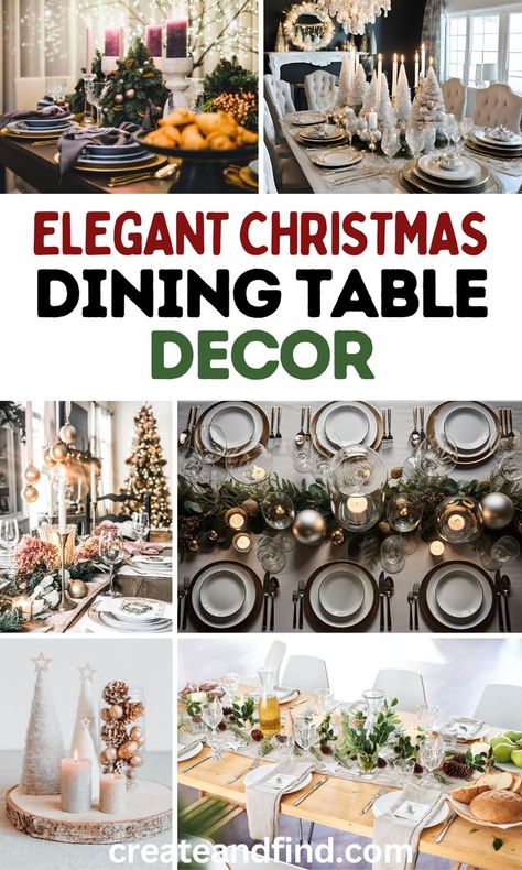 Christmas dining table decor, centerpieces, and place settings. Christmas Dinner Place Setting, Formal Christmas Dinner, Christmas Dining Table Decor Ideas, Christmas Dining Room Table, Dining Table Decor Ideas, Christmas Dining Table Decorations, Formal Dining Table, Christmas Dining Table Decor, Dining Room Table Centerpieces