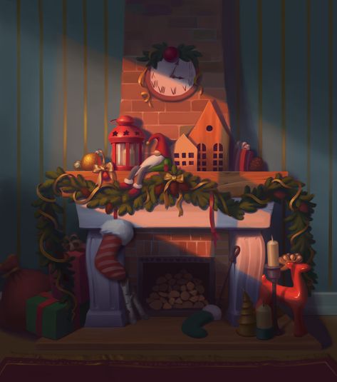 Christmas Time on Behance Fireplace Drawing, Christmas Artwork, Winter Illustration, Christmas Fireplace, Christmas Room, Christmas Night, Christmas Cartoons, Christmas Drawing, Christmas Illustration