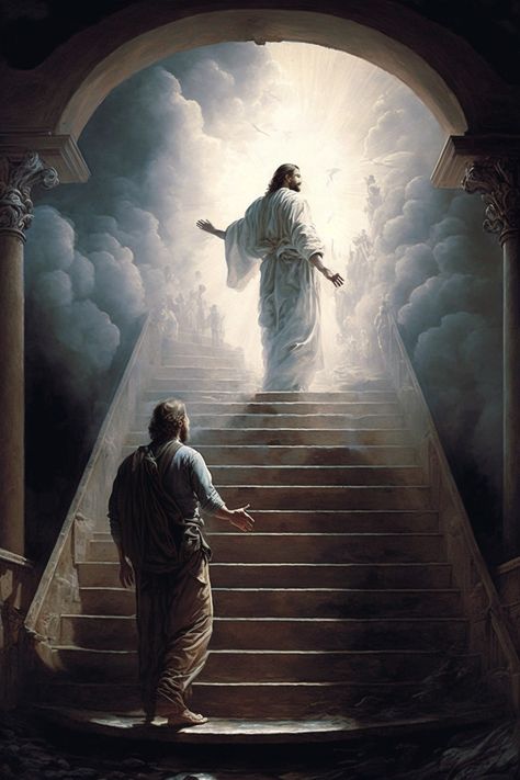 Stairs To Heaven, Bible Artwork, Jesus Christ Painting, Jesus Christ Artwork, Understanding The Bible, Heaven Art, Jesus And Mary Pictures, Jesus Photo, Jesus Christ Art