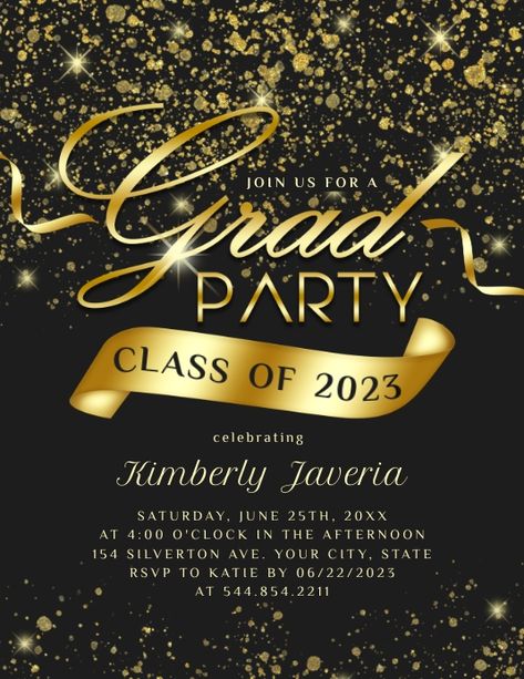 Extravagant Black & Gold Glitter Graduation Party Invitation, grad party invitations, graduation party event flyer, elegant graduation party flyers, gold banner, class of 2023 graduation party invitation, sparkly, gold sparkles, grad party ribbons, elegant calligraphy, graduation invitations. Class Of 2023 Graduation Party, Elegant Graduation Party, Graduation Party Flyer, 2023 Graduation Party, Grad Party Invitations, Class Of 2023 Graduation, Invitations Graduation, Gold Banner, Printables Ideas