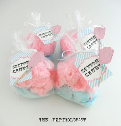 Printable Cotton Candy Labels>> The Partiologist: CIRCUS PARTY - Featuring...Cotton Candy ((cotton candy bought at 'Sams Club' & bagged in clear celophane bags with Printable LABELS & a cotton candy cupcake topper attached to each tag)) Cotton Candy Bags Ideas, Birthday Party Cotton Candy, Cotton Candy Packaging Ideas, Cotton Candy Goodie Bags, Cotton Candy Treats Party Favors, Cotton Candy Bags, Pastel Carnival, Cotton Candy Favors, Cotton Candy Cupcakes