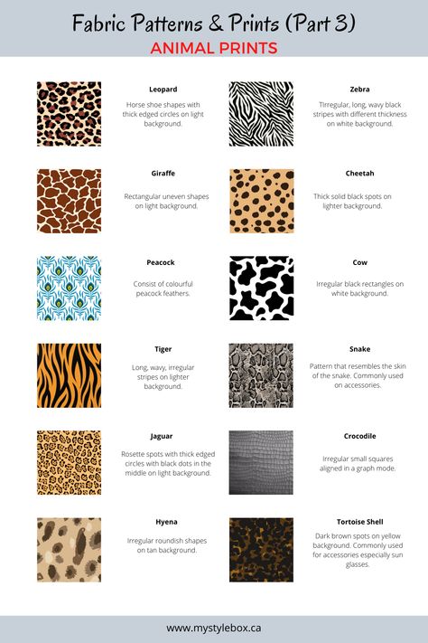 Fabric Patterns & Prints_Animal Prints Cute Animal Prints Pattern, Fashion Patterns Print, Prints For Clothes Patterns, Types Of Prints On Fabric, Animal Fabric Prints, Animal Patterns Design, Animal Print Outfits Illustration, Animal Prints Outfit, Style Names Types Of Fashion