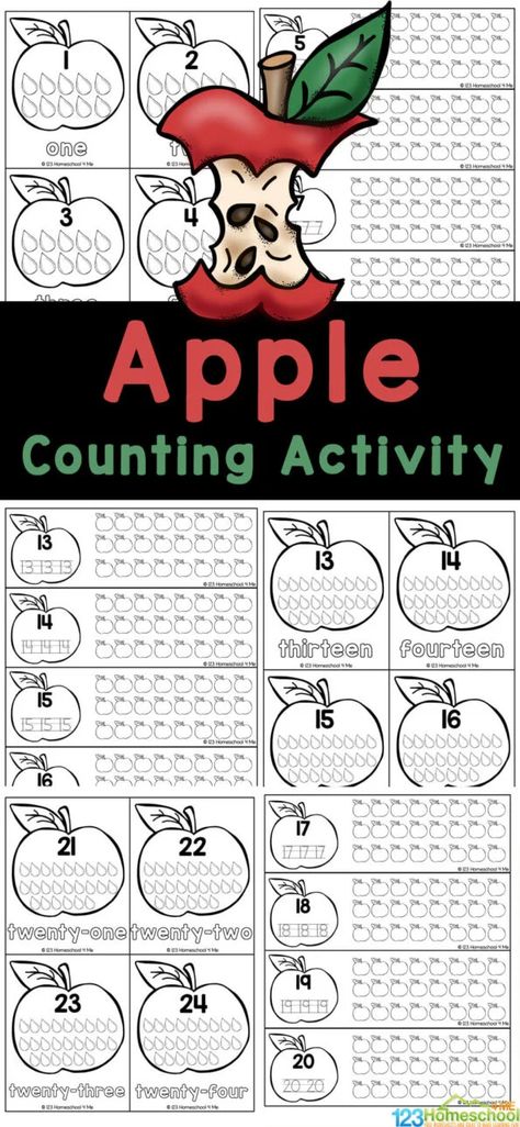 Have fun practicing counting to twenty and beyond with this fun, hands-on apple counting activity. This no-prep apple math is a great way to practice numbers 1-20 while with a fun printable for September. Preschool, pre-k, and kindergarten children will enjoy this apple counting activity that is great for strengthening counting skills and fine motor skills for young children while helping them learn to count and write the numbers from one through twenty-four. Apple Math Kindergarten, Apple Math Preschool, Preschool Apple Worksheets, Apple Math Worksheets, Apple Activities Kindergarten, Math Worksheets Preschool, Apple Counting, Apple Science Experiments, Math Counting Activities