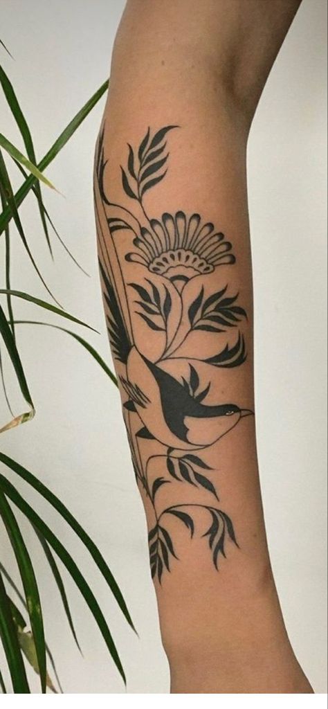 Ankle To Hip Tattoo, Symmetrical Forearm Tattoo, Left Back Shoulder Tattoo Women, Fiddle Head Tattoo, Tattoo Leaf Arm, Lower Arm Half Sleeve Tattoos For Women, Plant Filler Tattoo, Eclectic Tattoo Sleeve, Ornamental Filler Tattoo