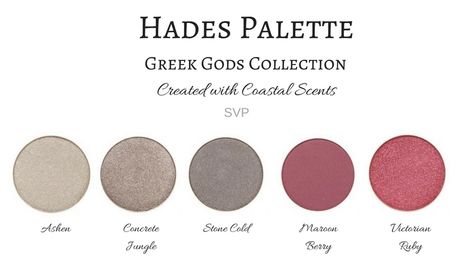 Palette inspired by Greek God Hades Mythology Olympian Created with Coastal Scents Eyeshadow Greek Gods Color Palette, Hephaestus Mythology, Greek God Hephaestus, Hades Mythology, God Hephaestus, Drawing Desk, Colour Pallets, Greek Mythology Gods, Coastal Scents