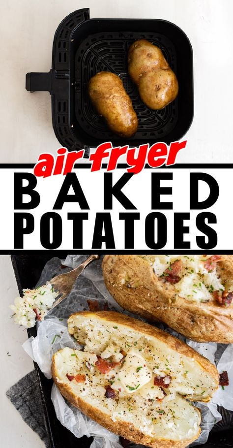 Fluffy on the inside and crispy on the outside air fryer baked potatoes. The easiest and tastiest way to make baked potatoes! Baked Potatoes In Air Fryer With Foil, Air Fryer Baked Potato In Foil, Whole Potatoes In Air Fryer, Ninja Air Fryer Baked Potato, Air Fryer Whole Potatoes, Air Fryer Baked Potato Quick, How To Make Baked Potatoes In Air Fryer, Gluten Free Ninja Foodi Recipes, Air Fryer Potatoes Baked