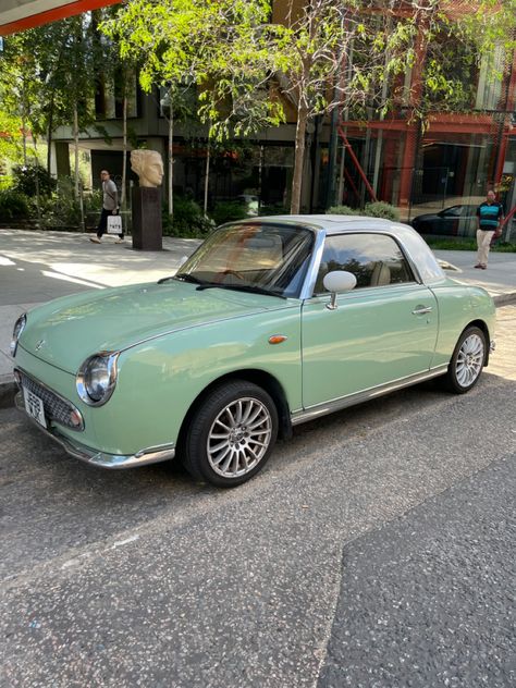 Mint green nissan figaro Cottage Core Car, Mint Green Car, Pink Vw Beetle, Figaro Car, Cute Vehicles, Nissan Figaro, Vintage Cars 1950s, 1950s Car, Beetle Car