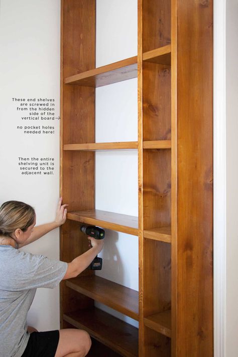 DIY Wood Shelving Wall - A Beautiful Mess Cat Wall Shelves Diy, Diy Wall Shelf, Diy Open Shelving, Pollo Tropical, Diy Wooden Shelves, Pallet Deck Diy, Shelving Diy, Diy Trinkets, Pallet Deck