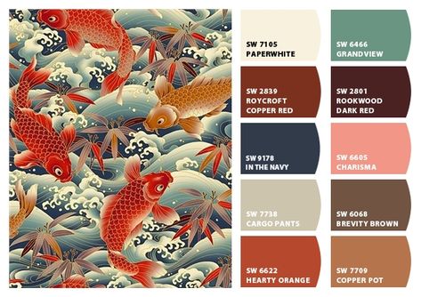 Instantly turn any picture into a palette with ColorSnap, created for you by Sherwin-Williams. Japanese Tattoo Color, Japan Color Palette, Tattoo Color Palette, Chinese Color Palette, Koi Fish Colors, Chinese Style Interior, Traditional Color Palette, Traditional Japanese Tattoo, Vintage Colour Palette