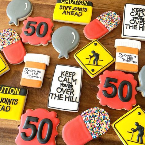 Sweet Adelaide’s on Instagram: “Over the Hill birthday cookies. #overthehill #overthehillcookies #pillbottlecookies #pillcookies #50thbirthday #50thbirthdaycookies…” Over The Hill Cookies Decorated, 50th Birthday Cookie Ideas, 65th Birthday Cookies, 50 Birthday Cookies, 50th Birthday Cookies For Men, Over The Hill Cookies, Over The Hill Party Ideas, 60th Birthday Cookies, 50th Birthday Cookies