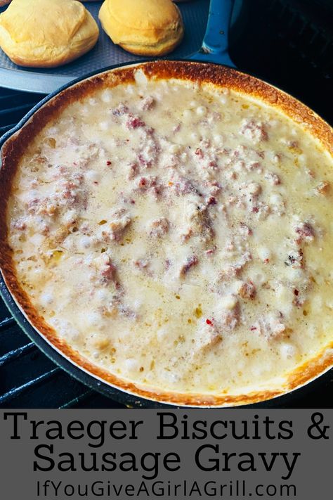 biscuits and gravy on the smoker Smoker Breakfast Recipes, Traeger Breakfast, Simple Quiche, Breakfast Classic, Biscuits And Sausage Gravy, Easy Smoker Recipes, Biscuits And Sausage, Grill Breakfast, Homemade Crepes