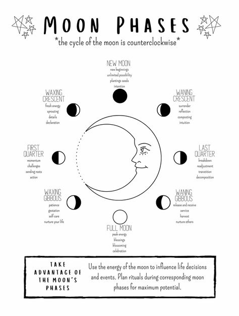 Phases of the Moon Grimoire Page, Lunar Calendar Book of Shadows Printable, Witch Cheat Sheet #grimoirepages #bookofshadows Moon Grimoire Page, Moon Grimoire, The Moon Phases, The Phases Of The Moon, Moon Reading, Magia Das Ervas, Witchcraft Books, Wiccan Magic, New Moon Rituals