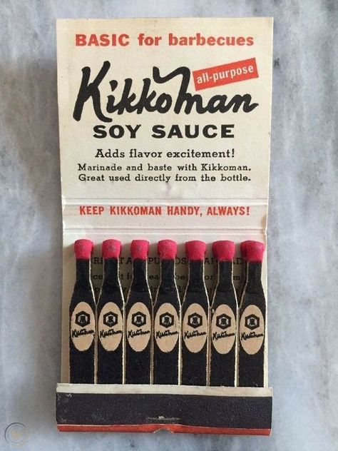 MidCentury Atomic Age Vintage Retro Culture and Ads | Cute matchbook advertising Kikkoman soy sauce | Facebook Weird Vintage Ads, Weird Vintage, Arte Peculiar, Matchbook Art, Matchbox Art, Light My Fire, Atomic Age, Kikkoman Soy Sauce, Match Making