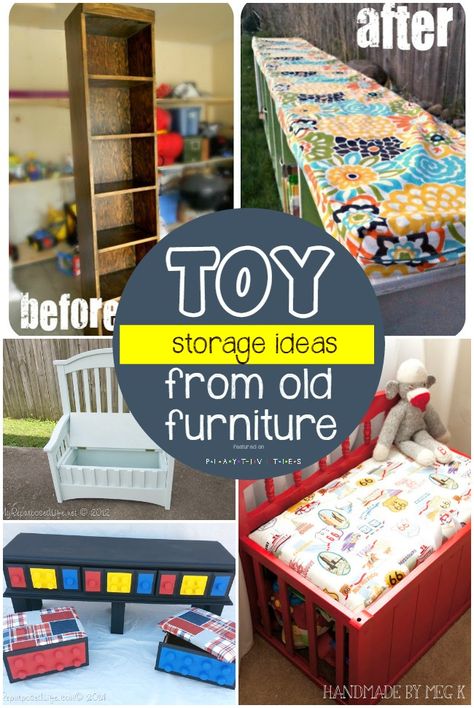 Repurposing Old Furniture. Kid friendly ideas Diy Toy Storage Small Spaces, Repurposed Storage Ideas, Upcycle Furniture For Toy Storage, Diy Special Needs Bed, Toy Storage Ideas Diy, Repurposed Toy Chest, Upcycle Toy Box Ideas, Toy Box Upcycle, Kids Furniture Diy