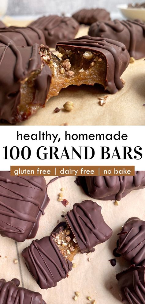 These homemade 100 grand bars are my paleo spin on the original 100 grand candy bars. They consist of a date caramel filling that's topped with sprouted buckwheat groats and coated in dark chocolate. This homemade candy bar recipe is paleo, vegan, gluten free and nut free. #100grand #candybars #homemadecandybars #paleo #datecaramel #vegan Nutrageous Candy Bar Recipe, Homemade 100 Grand Bars, 100 Grand Candy Bar Recipe, Sugarless Snacks, 100 Grand Candy Bar, Date Candy, Thm Candy, Healthy Paleo Desserts, Sprouted Buckwheat