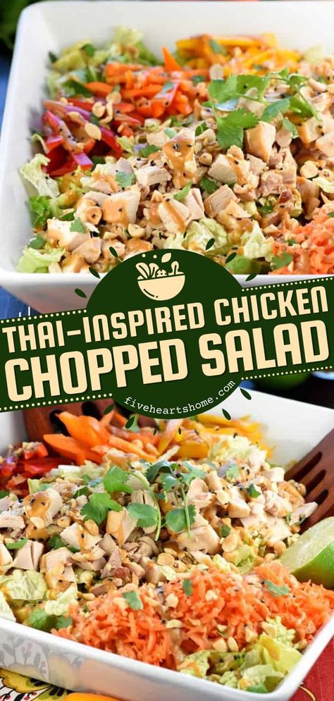 Thai-Inspired Chicken Chopped Salad, summer salad, asian inspired recipes Chopped Salad Recipes Chicken, Chop Salad Recipes, Dressing With Chicken, Meal Salads, Cabbage Chicken, Salad With Peanut Dressing, Asian Chopped Salad, Asian Salad Recipe, Chopped Salads