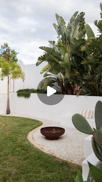 Brick Edging Landscape, Cream Pavers, White Gravel, White Grout, Brick Edging, Palm Springs Style, Fire Pit Area, Backyard Paradise, Backyard Inspo