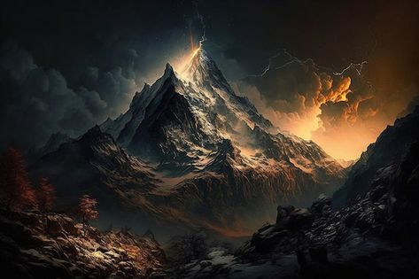 Dnd Siblings, Burning Mountain, Storm Tattoo, Dark Mountains, Storm Art, Wallpaper For Wall, Lightning Storm, New Background Images, Mountain Peak