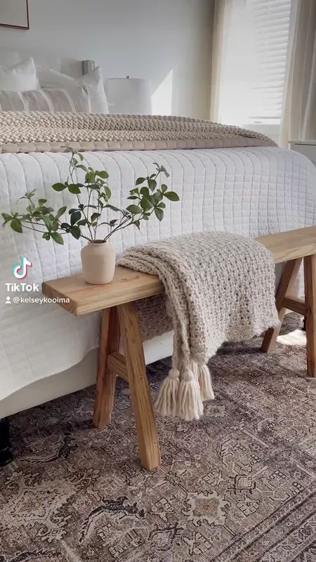 Wood bench link! #LTKhome #LTKunder50 #LTKunder100 Bench Decor Bedroom, Bed Side Bench, How To Style A Bench In Bedroom, Wooden Bench In Bedroom, Natural Wood Bench Bedroom, Bedroom Bench Styling, How To Decorate A Bench In Bedroom, Bench At End Of Queen Bed, Benches At End Of Bed