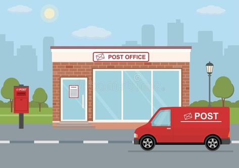 Post office building, delivery truck and mailbox on city background. Flat style, #Sponsored , #ad, #Sponsored, #building, #Post, #truck, #delivery Post Office Drawing, Post Office Illustration, Hospital Cartoon, Post Office Building, 3d Object Drawing, Office Cartoon, Truck Delivery, Kantor Pos, Community Places