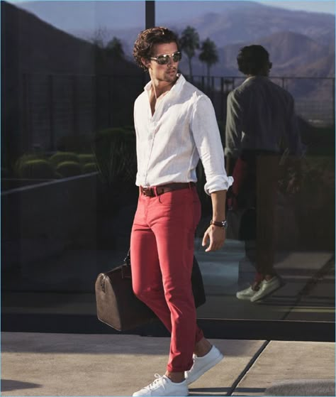 Red Jeans Outfit, Pants Mens Fashion, Wouter Peelen, Red Pants Men, Red Pants Outfit, Red And White Outfits, Metrosexual Men Fashion, Pants Outfit Men, Mens Fashion Smart