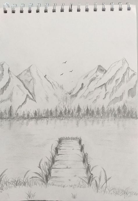 Mountain Drawing Simple, Nature Sketches Pencil, Small Easy Drawings, Beautiful Pencil Sketches, Glass And Concrete, Mountain Sketch, Drawing Scenery, Draw Step By Step, Pencil Drawings For Beginners