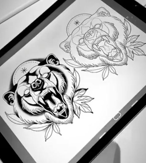 Bear Stomach Tattoo, Bear Knee Tattoo, Bear Traditional Tattoo, Traditional Bear Tattoo, Bear Tattoo Ideas, Tattoo Knee, Fox Tattoo Design, Bear Tattoo Designs, Stomach Tattoo