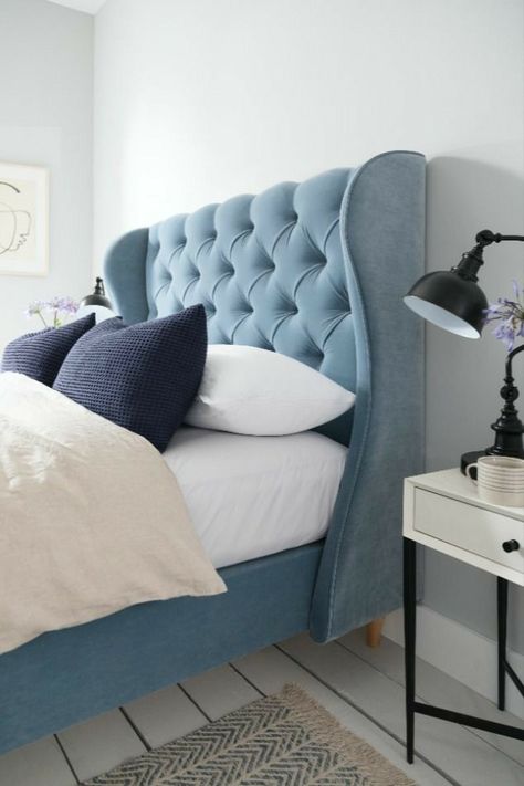 Wing Back Headboard Bedrooms, Blue Bed Inspiration, Powder Blue Headboard, Winged Headboard Bedroom, Upholstery Bedroom Ideas, Light Blue Bed Frame Bedroom Ideas, Light Blue Upholstered Bed, Light Blue Headboard Bedroom, Blue Bed Decor