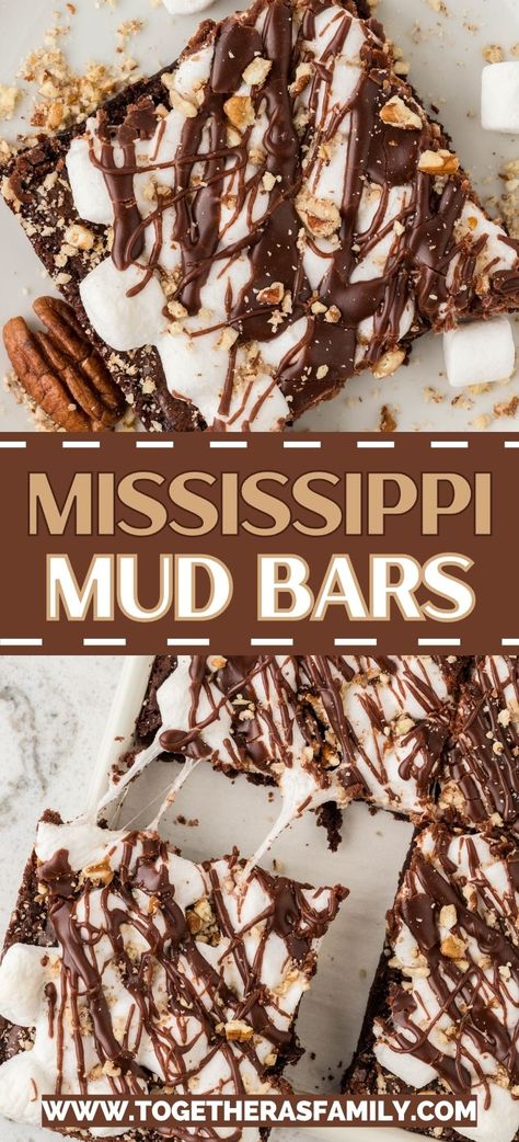 Easy Mississippi Mud Bars are insanely delicious with layers of chocolate brownie + gooey marshmallows + pecans + chocolate fudge drizzle. Simple to make with a boxed brownie mix - everyone is sure to fall in love with this Mississippi Mud dessert. Mississippi Mud Fudge, Mississippi Mud Bars Recipes, Peanut Butter Mississippi Mud Brownies, Chocolate Mud Bars, Brownie Bar Party Ideas, Brownie Mix Ideas, Mud Dessert, Sheet Desserts, November Desserts