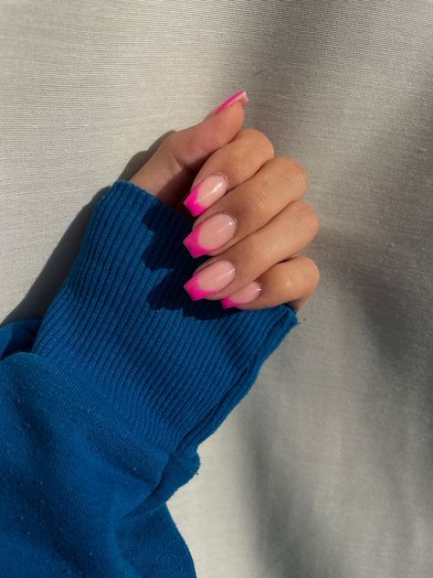 Hot Pink Coffin French Tip, Hot Pink French Acrylic Nails, Pink French Nails Coffin, Pink Coffin French Tip, Pink Summer Acrylic Nails, Pink French Tip Nails Coffin, Neon Pink French Tips, Bright Pink French Tip Nails, Hot Pink French Nails