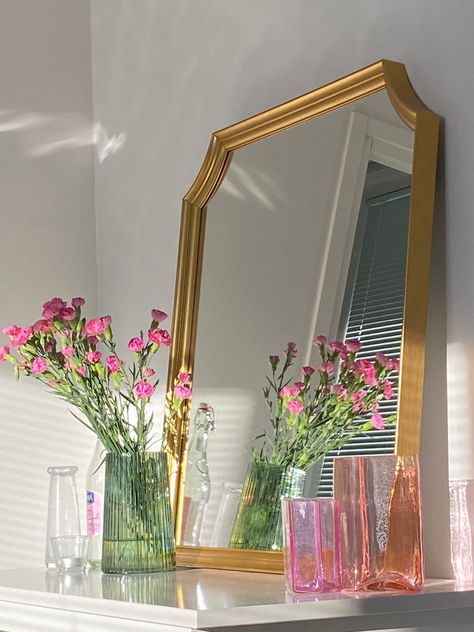 Aesthetic Gold Mirror, Gold Mirror Bedroom Aesthetic, Gold Dresser Mirror, Ikea Gold Mirror, Mirror By Desk, Neutrals And Pink Bedroom, Gold And Neutral Bedroom, Mirror On Desk Bedrooms, Golden Mirror Bathroom