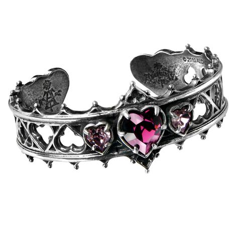 Alchemy Gothic Elizabethan Heart Bracelet Cuff Robert Dudley, Earl of Leicester's original design for the tracery molding frieze above the north entrance to the 16th century Kenilworth Castle, for his great secret love, Elizabeth Rex, alas, never used... Encrusted now with Swarovski crystal hearts. A sparkling symbol of the heart designed to turn heads A pewter bangle of pierced Elizabethan hearts design, set with three amethyst Swarovski crystal hearts. Dimensions: Width 2.91" x Height 1.34" x Demon Outfit, Gothic Weddings, Gothic Things, Skeleton Bracelet, Gothic Bracelet, Alchemy Gothic, Gothic Shop, Gothic Glam, Swarovski Crystal Hearts