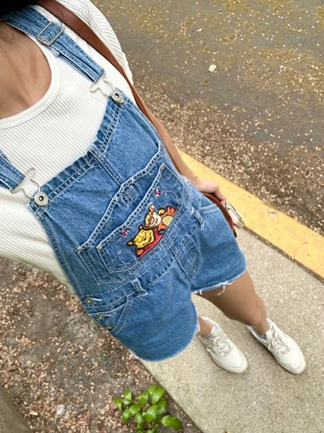 Disney land, Winnie the Pooh and tigger, outfit of the day, overalls, summer, spring, fashion Vintage Disney Overalls, Winnie The Pooh Overalls Outfit, Winnie The Pooh Aesthetic Outfit, Disneyland Overalls Outfit, Vintage Disney Outfits Women, Winnie The Pooh Disneyland Outfit, Yellow Disney Outfit, Disneyworld Aesthetic Outfits, Overalls Disney Outfit