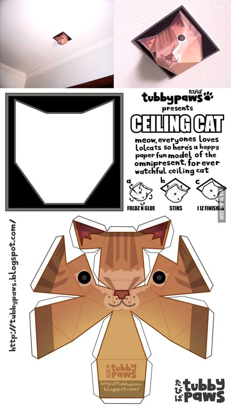 Paper Ceiling Cat (DIY) Kat Diy, Chat Diy, Folding Origami, Paper Toys Template, Instruções Origami, Paper Doll Template, Seni Dan Kraf, Paper Toy, Papercraft Templates