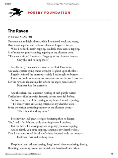 Classic Poems, Quoth The Raven, Poetry Foundation, Famous Poems, The Supernatural, The Raven, Edgar Allan, Edgar Allan Poe, One Night